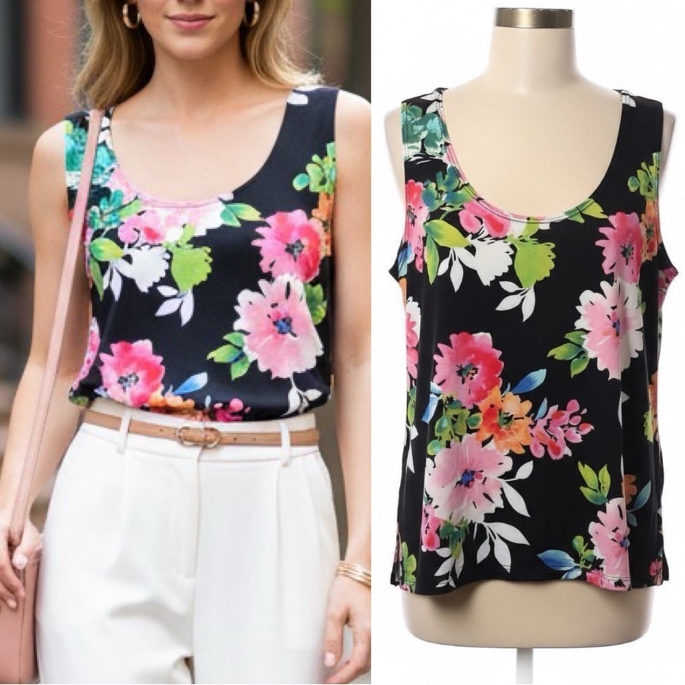 514 Slinky Brand | NWOT Black Multicolor Floral Sleeveless Scoop Neck Top (M)